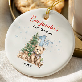 Sött barns första julgran blå teddybjörn julgransprydnad keramik