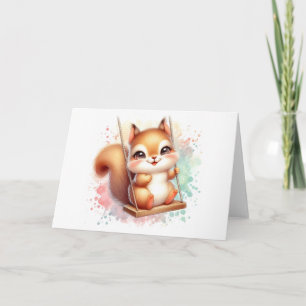 Sött Bébarn Ekorre Whimsical Skogs Vattenfärg Kort
