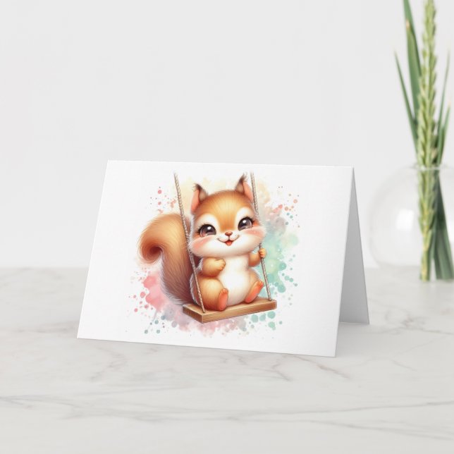 Sött Bébarn Ekorre Whimsical Skogs Vattenfärg Kort (Framsida)