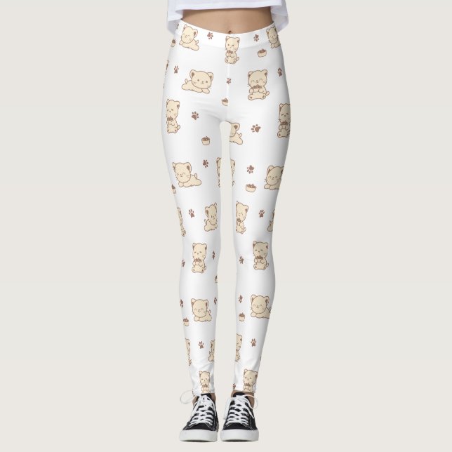 Sött Beige Kattmönster (2) Leggings (Framsida)