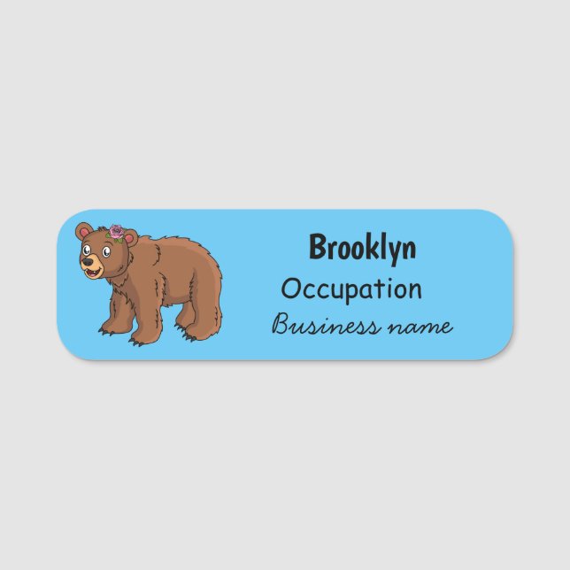 Sött björn med blomma serieillustration namnbricka (Framsida)