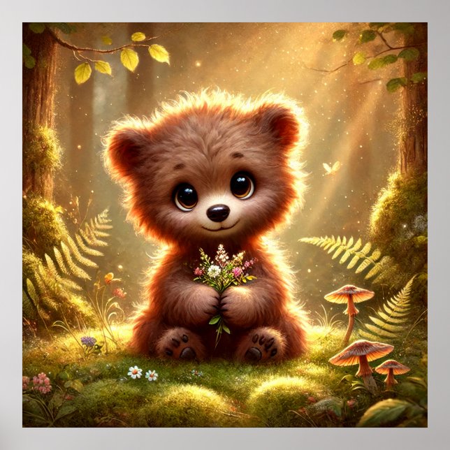 Sött björnunge med blommor i förtrollad skog | poster (Framsidan)