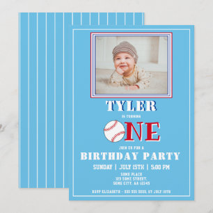 Sött Blå Pojke Baseball Foto 1-årsdag Inbjudningar