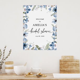 Sött Blått Blommigt Bröllopsdusch Välkomstskylt Af Poster