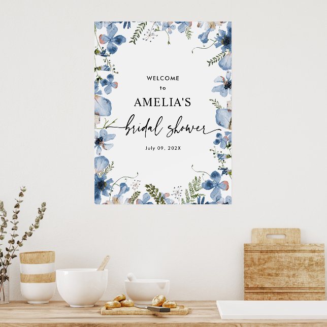 Sött Blått Blommigt Bröllopsdusch Välkomstskylt Af Poster (Kök)