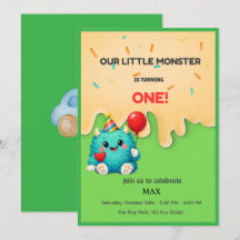 Sött Blått Monster 1-års Födelsedagsinbjudan