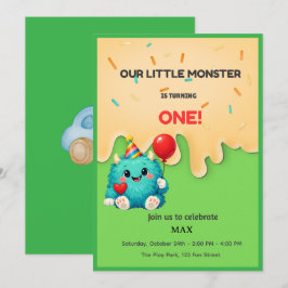 Sött Blått Monster 1-års Födelsedagsinbjudan Inbjudningar