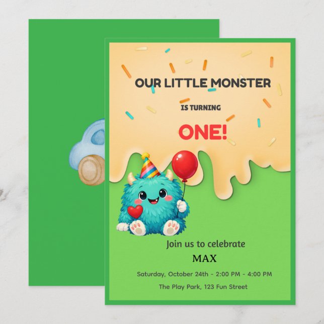 Sött Blått Monster 1-års Födelsedagsinbjudan Inbjudningar (Fram/baksida)