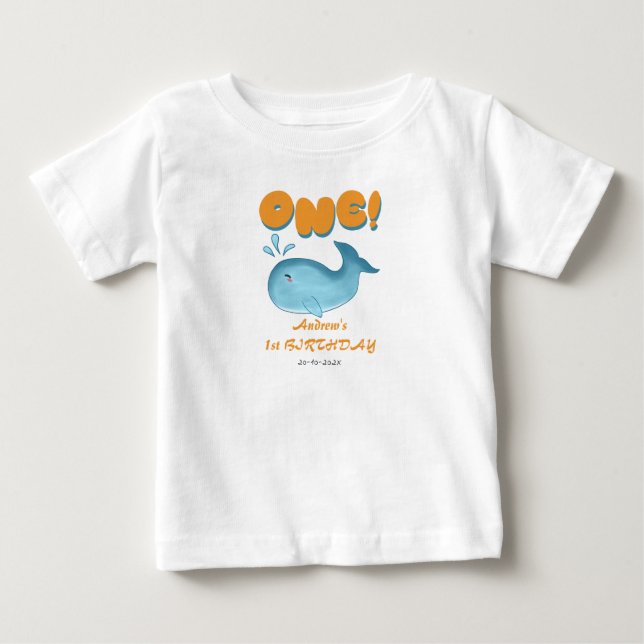 Sött Blått Val 1-års Födelsedag T Shirt (Framsida)