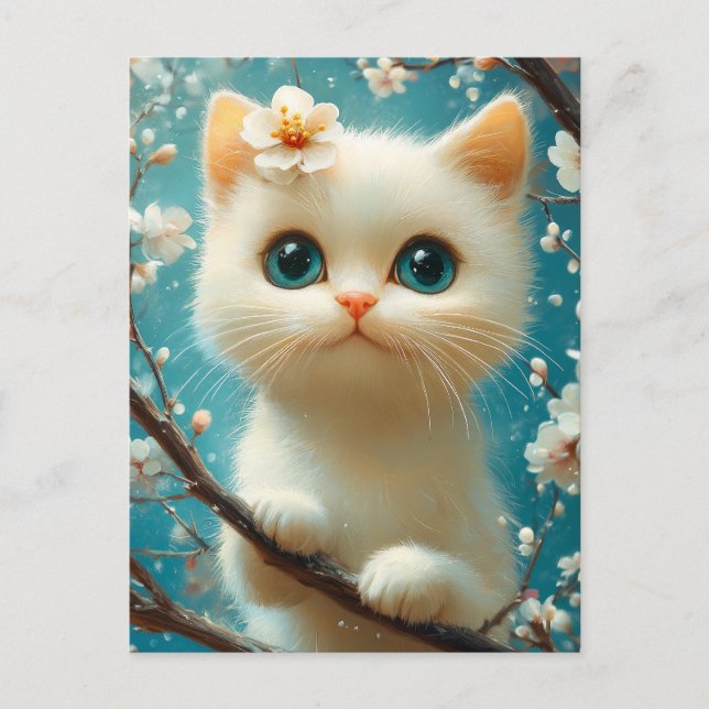Sött Blommande Kattunge med Blå Ögon Vykort (Framsida)