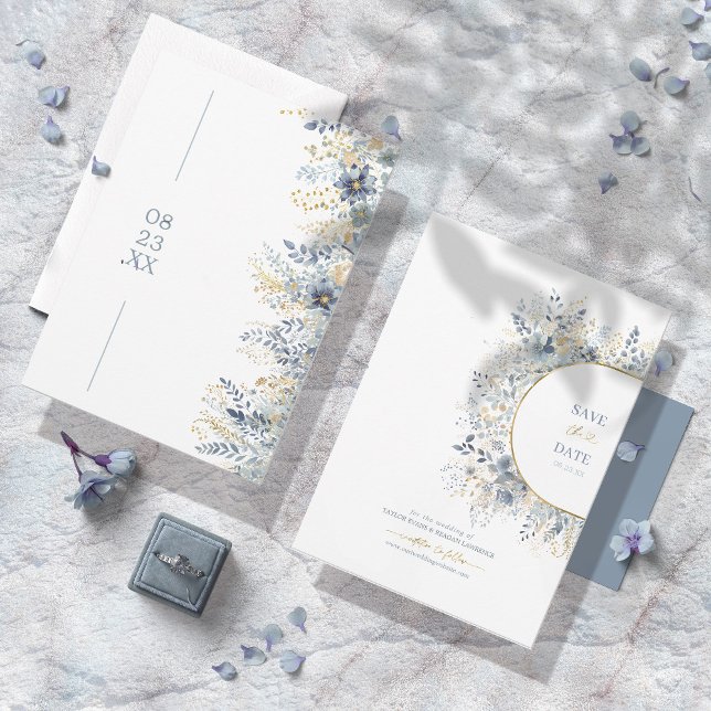 Sött Blommönster Dusty Blue Guld ID1045 Spara Datumet (Skapare uppladdad)