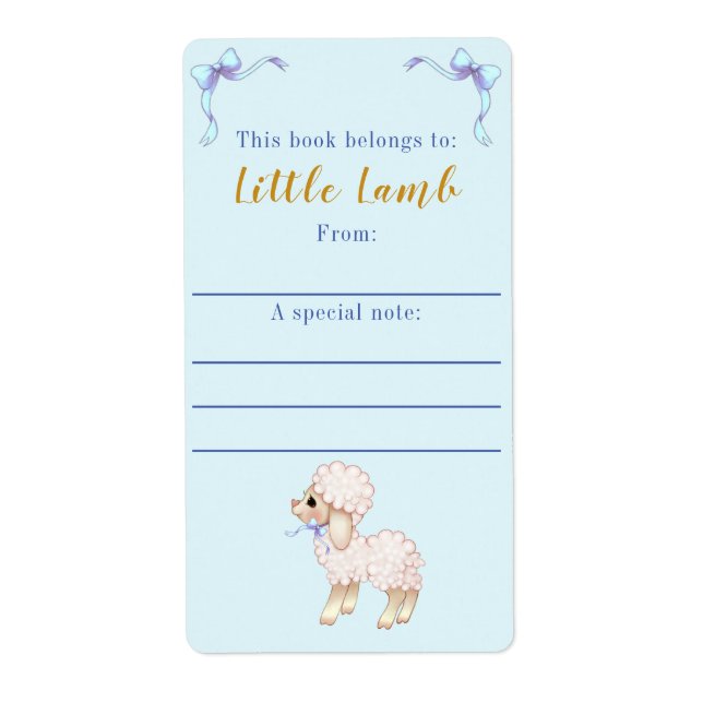 Sött Blue Bow Boy Lamb Baby Shower Bookplate Fraktsedel (Framsidan)