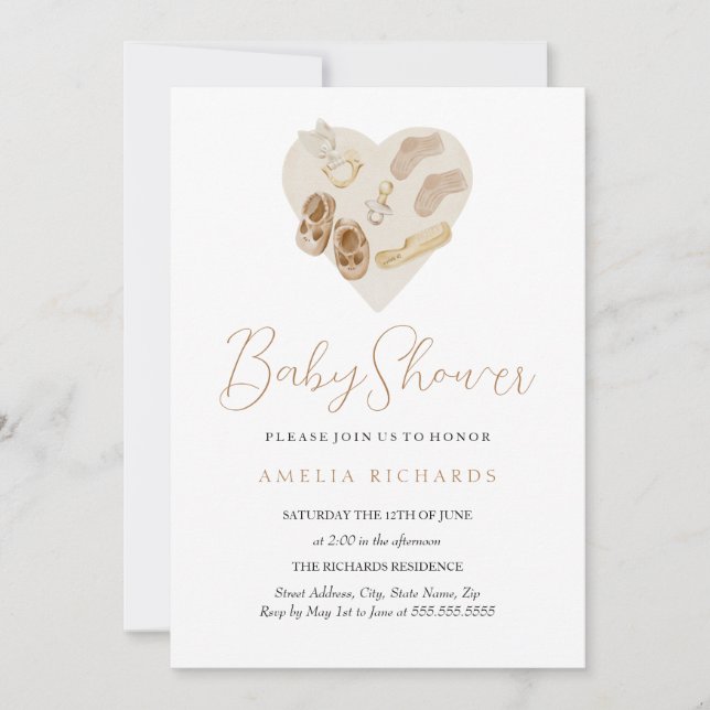 Sött Boho Hjärt Blå Bebis Baby Shower Inbjudningar (Framsida)