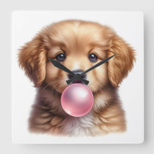 Sött Brun Valp Hund Blåser Bubble Gum Barnkammare Fyrkantig Klocka