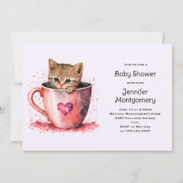 Sött brunt kattunge i en tekopp Baby Shower Inbjudningar