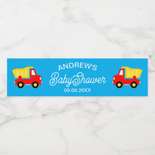 Sött byggdumpslektrucksleksak pojke baby shower vattenflaskor etikett