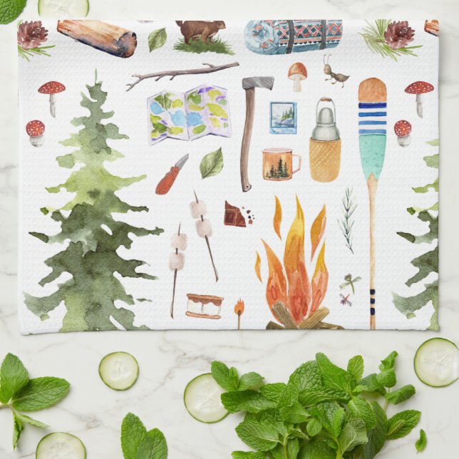 Sött campingmönster | Akvarellillustrationer Kökshandduk (Vikta)