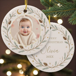 Sött Celestial Baby Första Julen Foto Julgransprydnad Keramik
