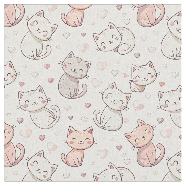 Sött Chibi-Kattmönster - Barntecknad Designkonst Tyg (Närbild)