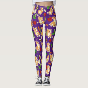 Sött Corgi och grönsaksmat mönster lila Leggings