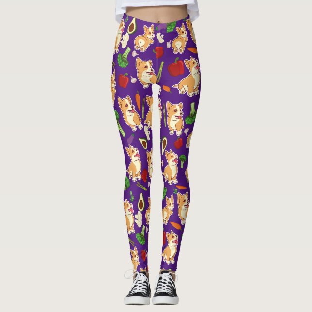 Sött Corgi och grönsaksmat mönster lila Leggings (Framsida)