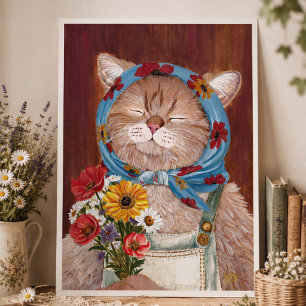 Sött Cottagecore Katt med Blommor Barnkammare Poster