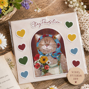 Sött Cottagecore-Katt med Blommor Håll dig Positiv Klistermärken