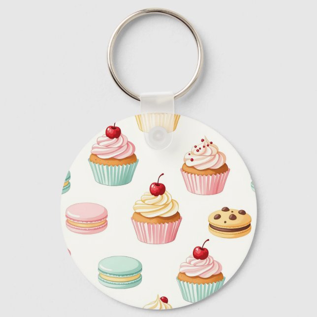 Sött Cupcake Macaron Mönster Nyckelring (Framsida)