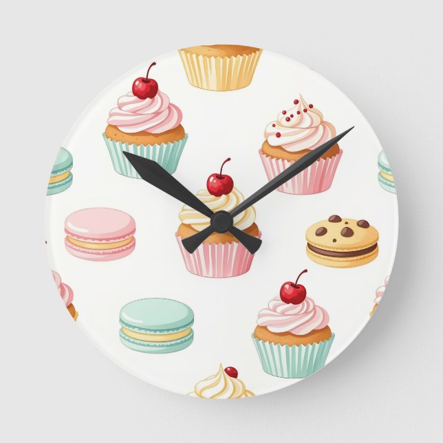 Sött Cupcake Macaron Mönster Rund Klocka (Framsida)