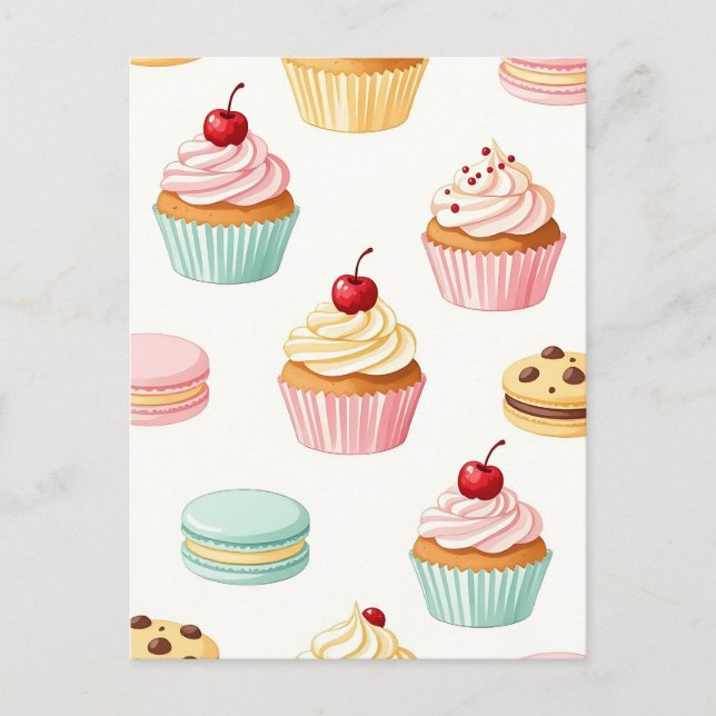 Sött Cupcake Macaron Mönster Vykort (Framsida)