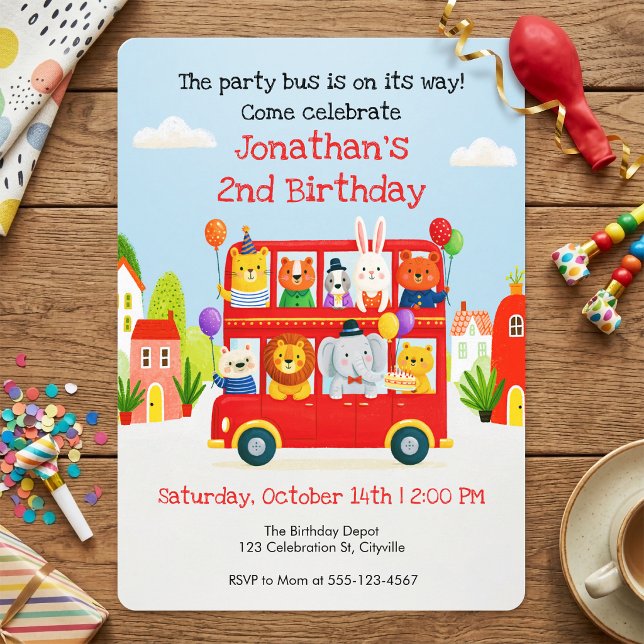 Sött Djur Dubbeldäckare Party Buss Födelsedag Inbjudningar (Cute Animal Double Decker Party Bus 2nd Birthday Invitation)