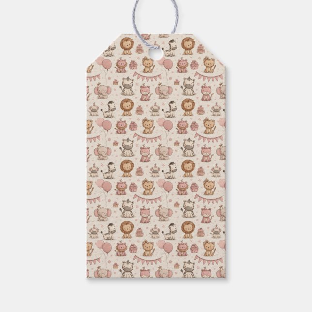 Sött djur födelsedag – Rosa & Beige ballonger Presentetikett (Framsidan)