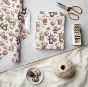 Sött djur födelsedagsmönster – Rosa beige ballonge Presentpapper