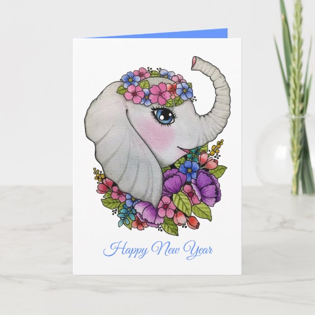 Sött Elefant Och Vilda Blommor I Vattenfärg Kort (Framsida)