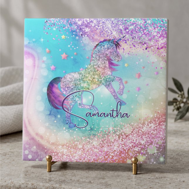 Sött enhörnings rosa glitter regnbåge akvarell mon kakelplatta (Skapare uppladdad)