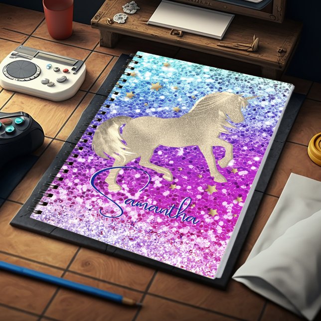 Sött enhörnings rosa glitter regnbåge guld monogra anteckningsbok (Skapare uppladdad)