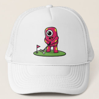 Sött enögd rosa monster som spelar golf-animering keps