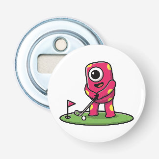 Sött enögt rosa monster som spelar golf-serieteckn flasköppnare