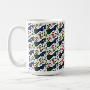 Sött Fågel Blommönster Färgrik Blå Fågel med Kaffemugg