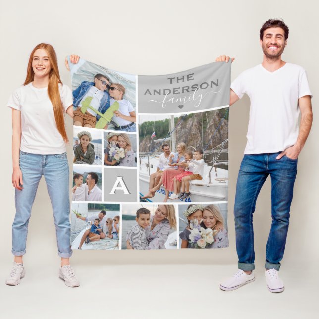 Sött familjemonogram-fotocollage fleecefilt (På plats)