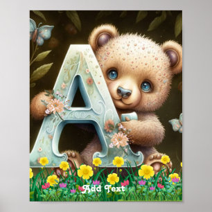 Sött fantasifullt babybjörn som håller alfabetet A Poster