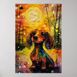 Sött fantasifullt dachshundvalp i skogen poster
