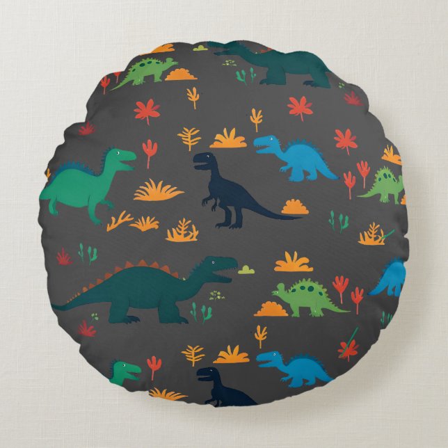Sött Färgglatt Dinosaurie Mönster  Rund Kudde (Framsidan)
