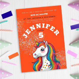 Sött flickaktigt enhörningshäst orange röd glitter inbjudningar