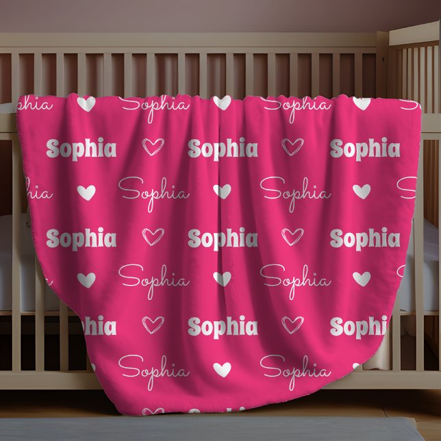 Sött flickaktigt rosa fuchsia upprepat namnmonogra fleecefilt (Skapare uppladdad)