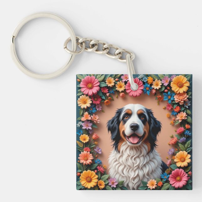 🐶 Sött Fluffigt Hund Blommig Porträtt För Husdjur (Framsidan)