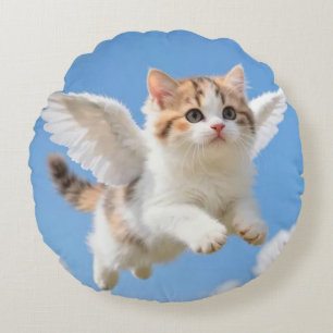 Sött flygande kattunge Kalico Tabby Blå himmel Rund Kudde