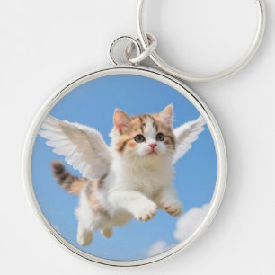 Sött flygande kattunge Kalico Tabby Blå Himmel Rund Silverfärgad Nyckelring