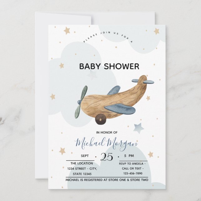 Sött flygplansleksak moln baby shower  inbjudningar (Framsida)