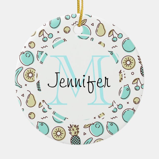 Sött fruktmönster sommarbeteckning monogram julgransprydnad keramik (Framsidan)